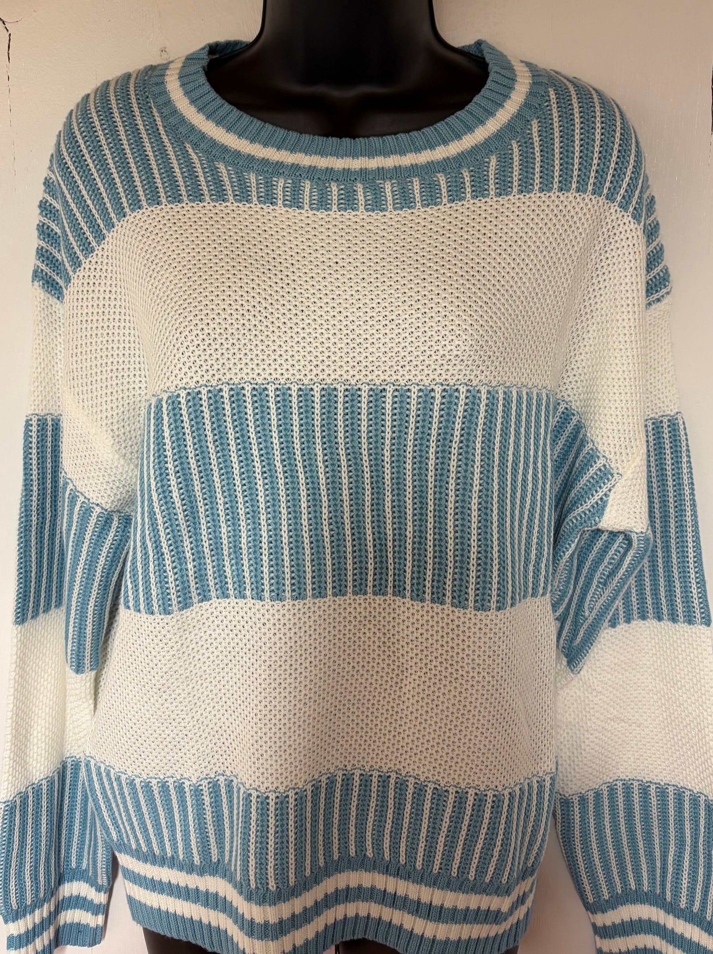 Blue striped sweater with bold horizontal stripes for dogs and women, combining style and comfort