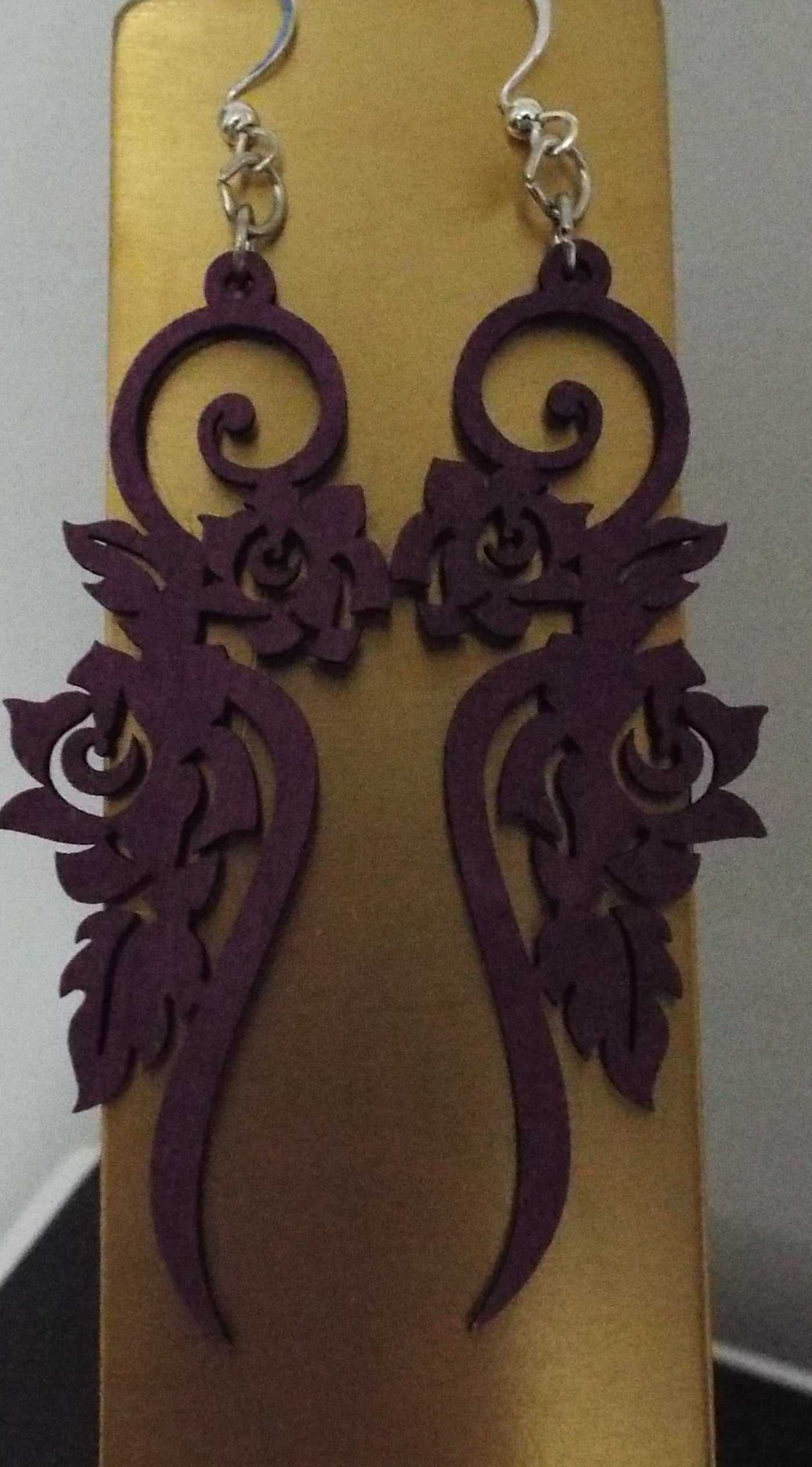 Purple flower wooden earrings handcrafted in USA with delicate floral design