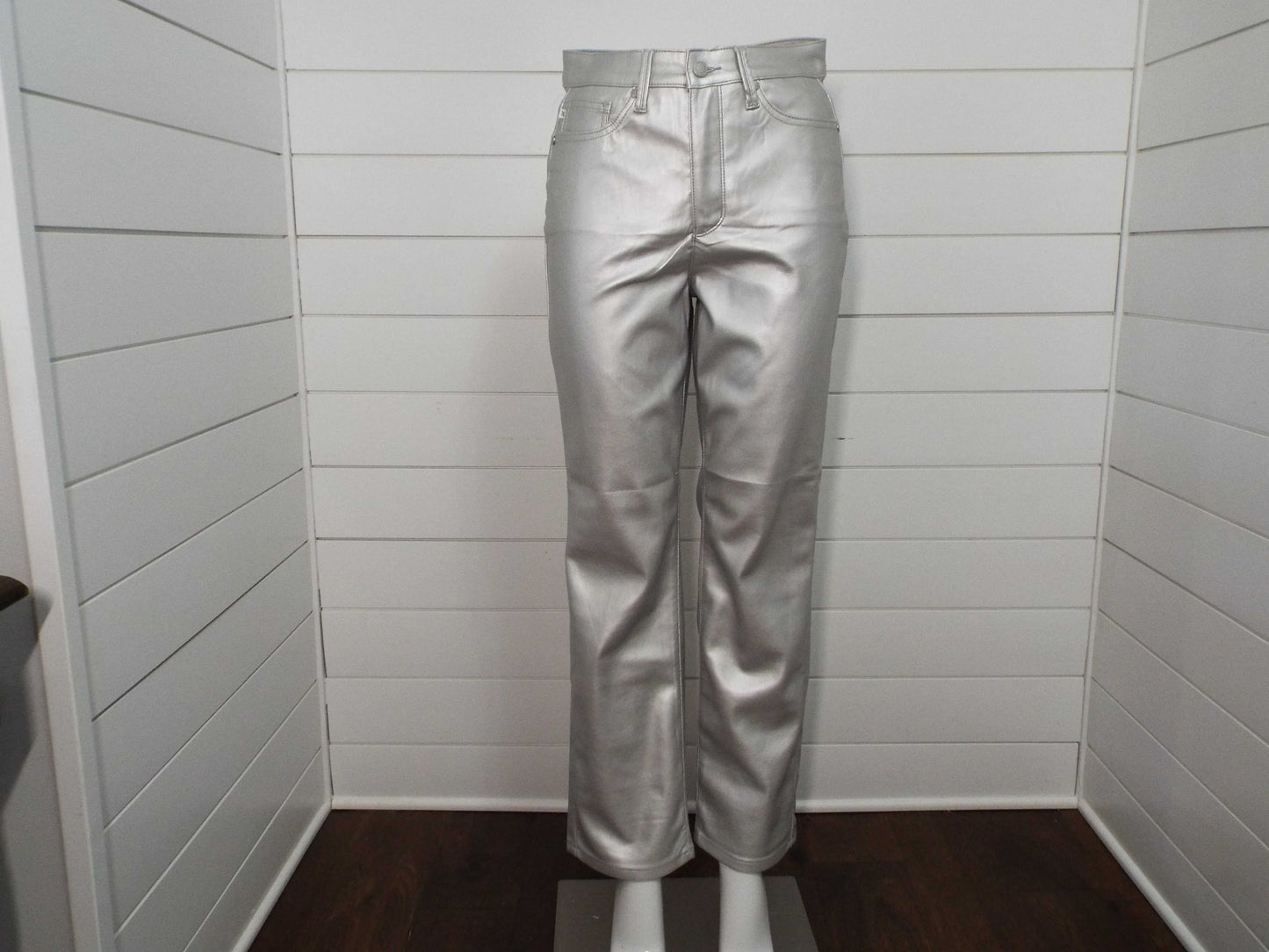Womens Silver Metallic Jeans straight leg with lustrous finish for stylish casual or night wear