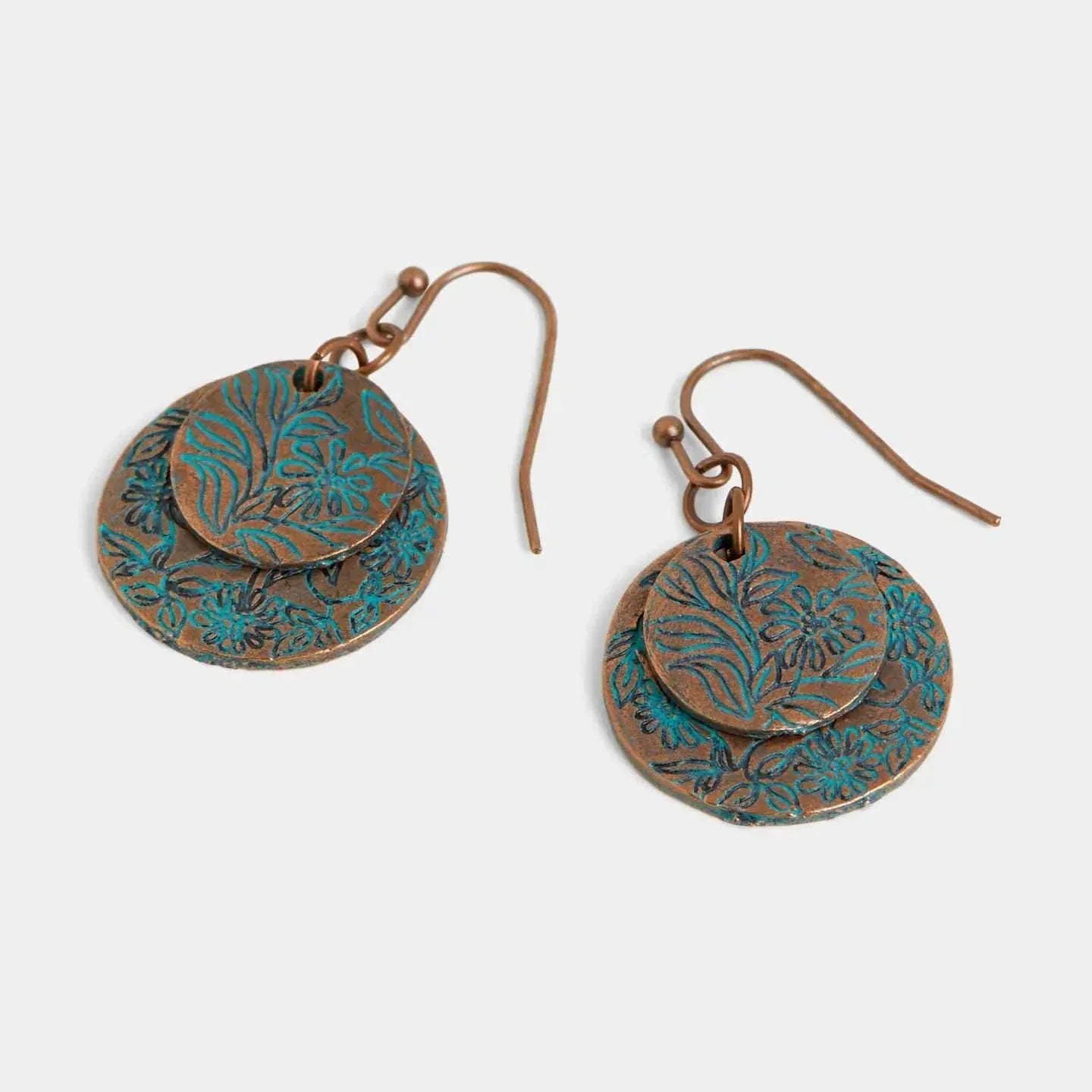 Rustic etched double coin bronze earrings, hypoallergenic and trendy jewelry