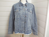 Beau blue denim jacket with ruffle raw hem and flap pockets