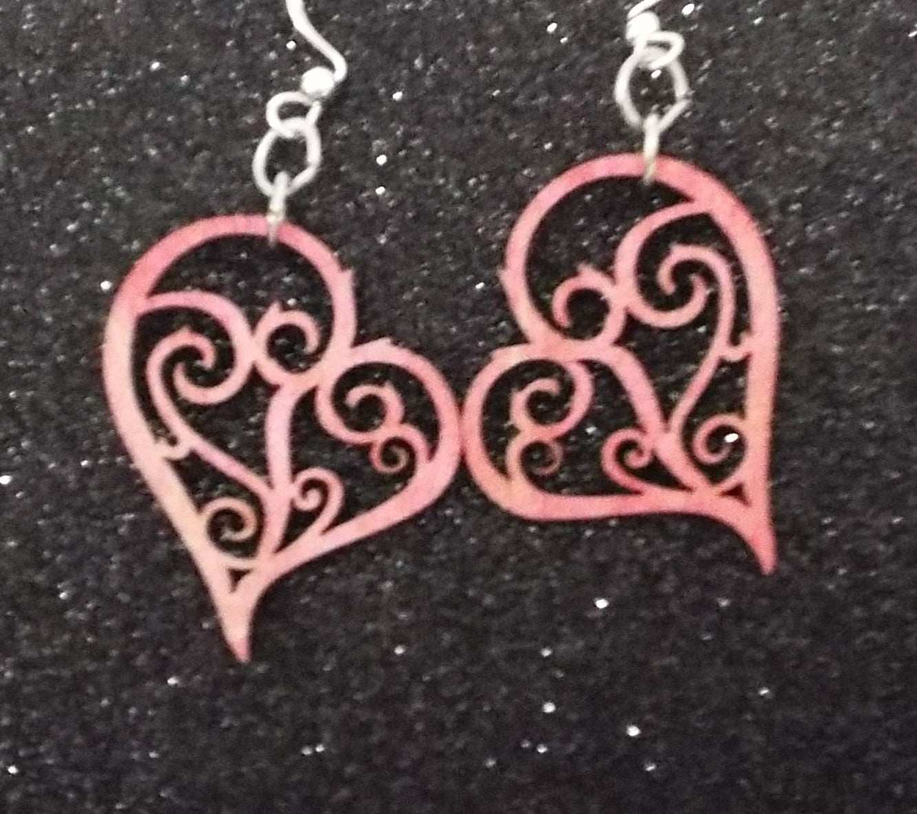 Pink heart wooden earrings handcrafted in USA, lightweight and charming wooden heart jewelry