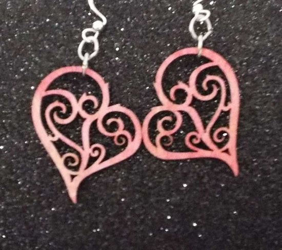 Pink heart wooden earrings handcrafted in USA, lightweight and charming wooden heart jewelry