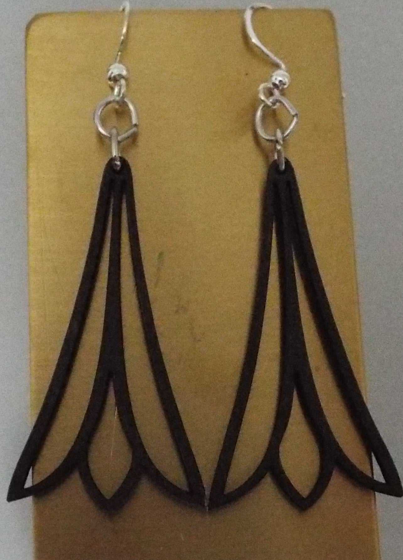 Black Trumpet Flower wooden earrings made in USA showcasing botanical design