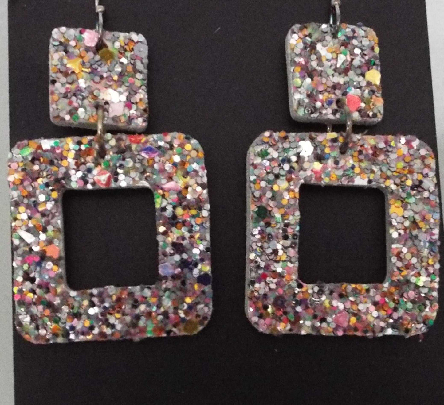 Glitter square leather earrings with glitter finish, square geometric design, made in USA, lightweight and elegant accessory