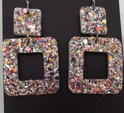 Glitter square leather earrings with glitter finish, square geometric design, made in USA, lightweight and elegant accessory