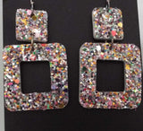 Glitter square leather earrings with glitter finish, square geometric design, made in USA, lightweight and elegant accessory