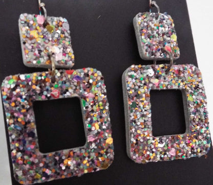 Glitter square leather earrings with geometric design, made in USA, offering lightweight and elegant sparkle
