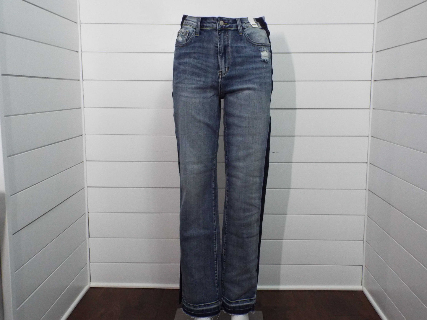 Womens HW Side Seam Detail medium blue straight-leg pants with subtle side seam accents