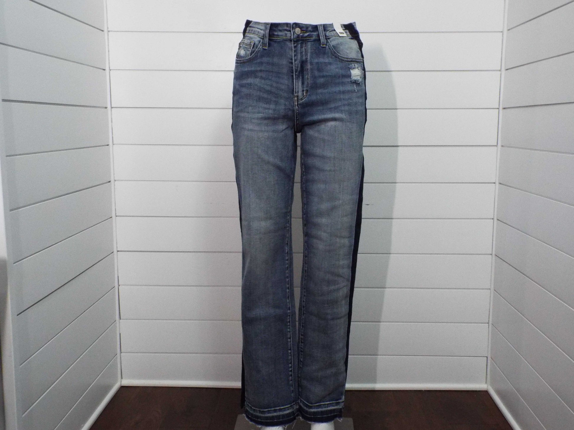 Womens HW Side Seam Detail medium blue straight-leg pants with subtle side seam accents