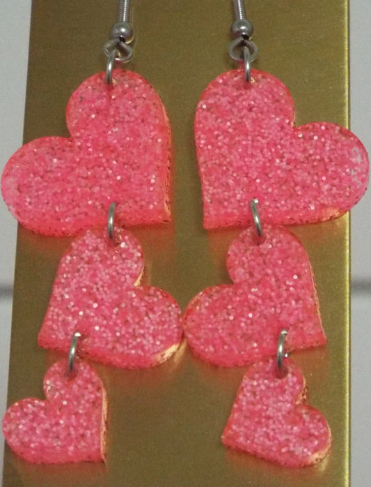 Neon Hot Pink Glitter Triple Heart Dangle Acrylic Earrings