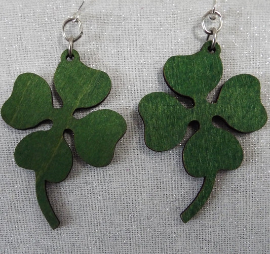 Four Leaf Clover Wooden Green Earrings