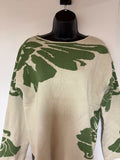 Green floral sweater with vivid botanical prints on verdant knit fabric