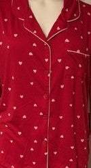 Womens two piece long pant pajama set in red with pink hearts