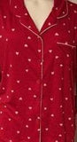 Womens two piece long pant pajama set in red with pink hearts