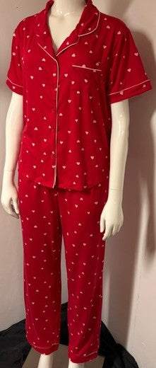 Womens two piece long pant pajama set in red with pink hearts