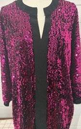 Plus size black and fuchsia sequin blouse with flattering silhouette
