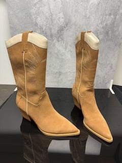 The Halle Camel western boot with snake print panels and camel leather