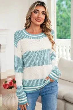 Light Blue Two Tone striped patchwork drop shoulder sweater