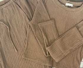 Two piece pant set in wine and mocha tones for versatile, polished everyday wear