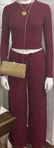 Two piece pant set in wine and mocha tones for versatile, elegant everyday wear