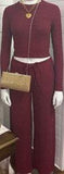 Two piece pant set in wine and mocha tones for versatile, polished everyday wear