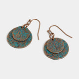 Rustic etched double coin bronze earrings, hypoallergenic and trendy jewelry