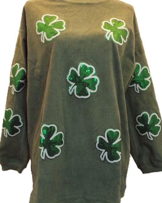 Sequin Shamrock Pattern Corded Sweatshirt