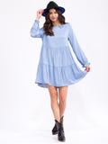 Women's long sleeve tiered loose fit chambray midi dress in lightweight fabric for spring and fall