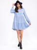 Women's long sleeve tiered loose fit chambray midi dress in lightweight fabric for spring and fall