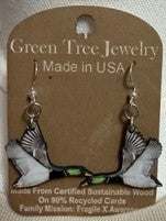 Handcrafted wooden flying mallard dangle earrings with natural wood grain and intricate detailing