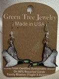 Handcrafted wooden flying mallard dangle earrings with natural wood grain and intricate detailing
